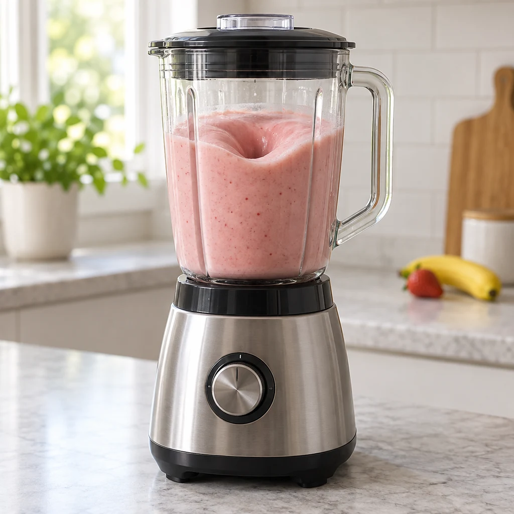 Strawberry banana smoothie blending with the lid secured