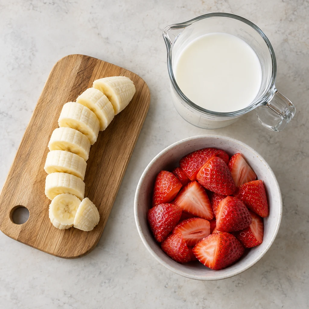 Banana strawberries and milk for a three ingredient smoothie