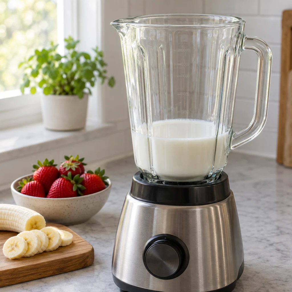 Milk placed first in a clear blender jar