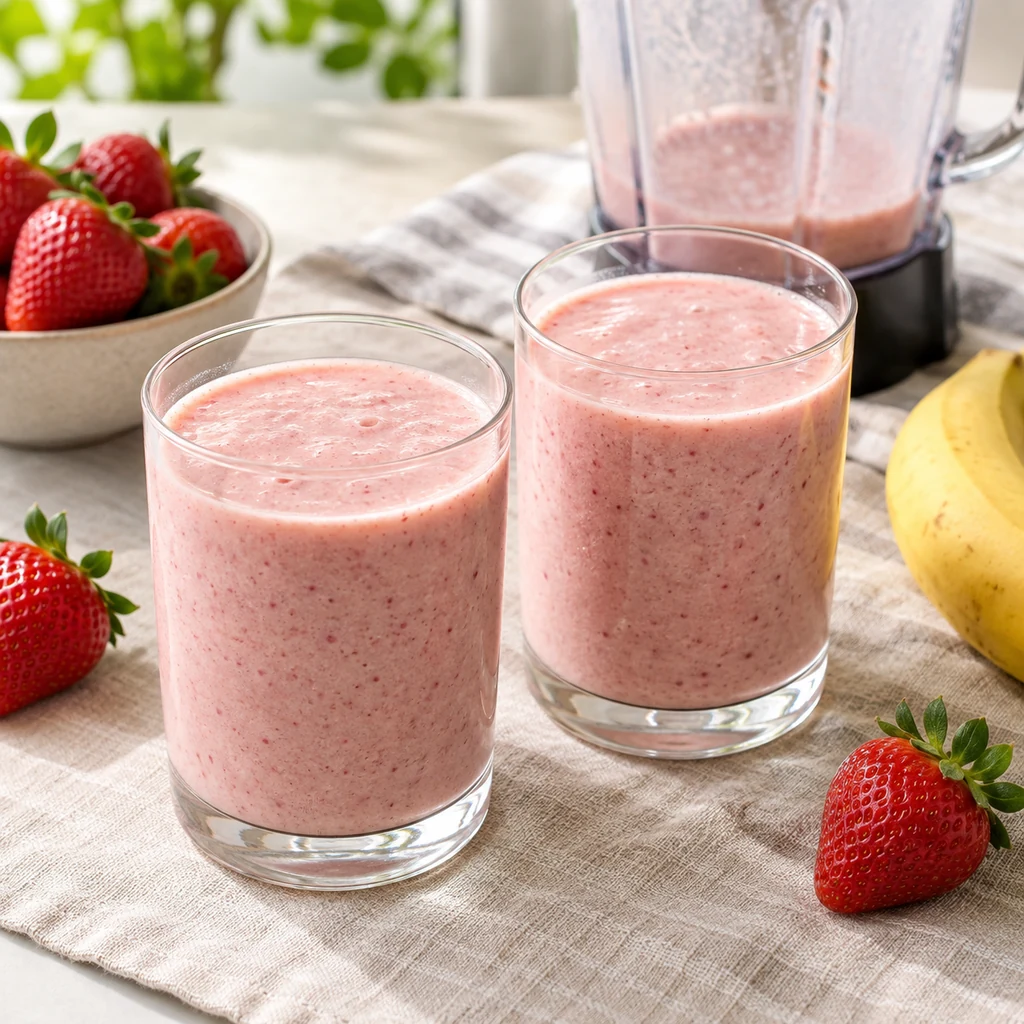 Two glasses of finished strawberry banana smoothie