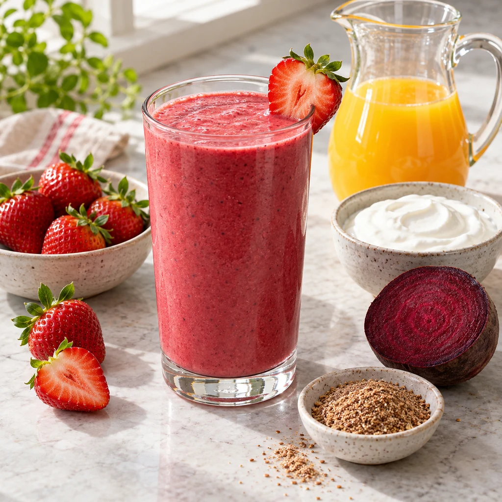 Strawberry beet smoothie with strawberries, cooked beet, yogurt, orange juice and ground flaxseed