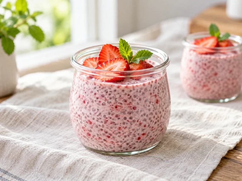 Strawberry chia pudding topped with fresh strawberry slices and mint