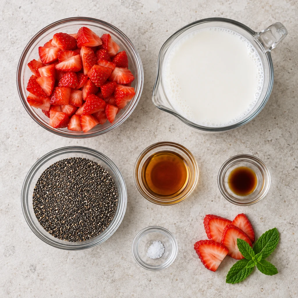 Strawberries, almond milk, chia seeds, maple syrup, vanilla, salt and garnish for strawberry chia pudding