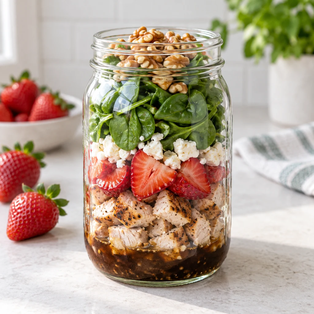 Strawberry spinach mason jar salad with chicken feta and walnuts