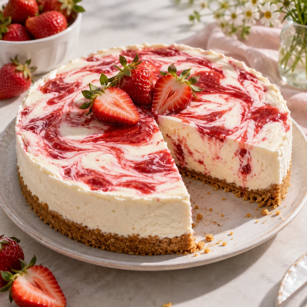Strawberry swirl no-bake cheesecake topped with fresh strawberries