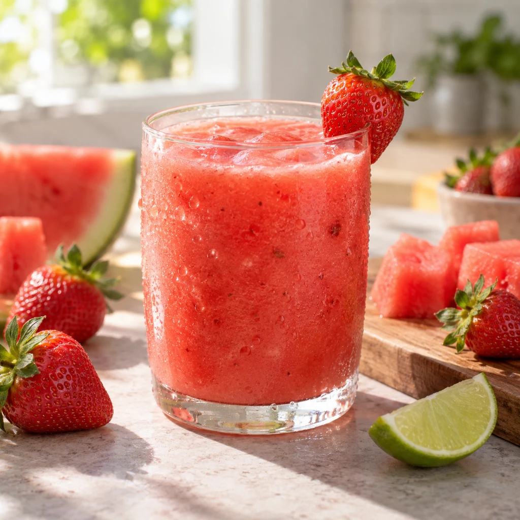 Cold strawberry watermelon smoothie with fresh fruit and lime