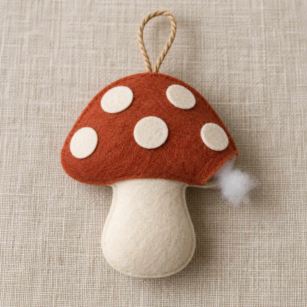 Partially glued felt mushroom ornament with a small opening for stuffing