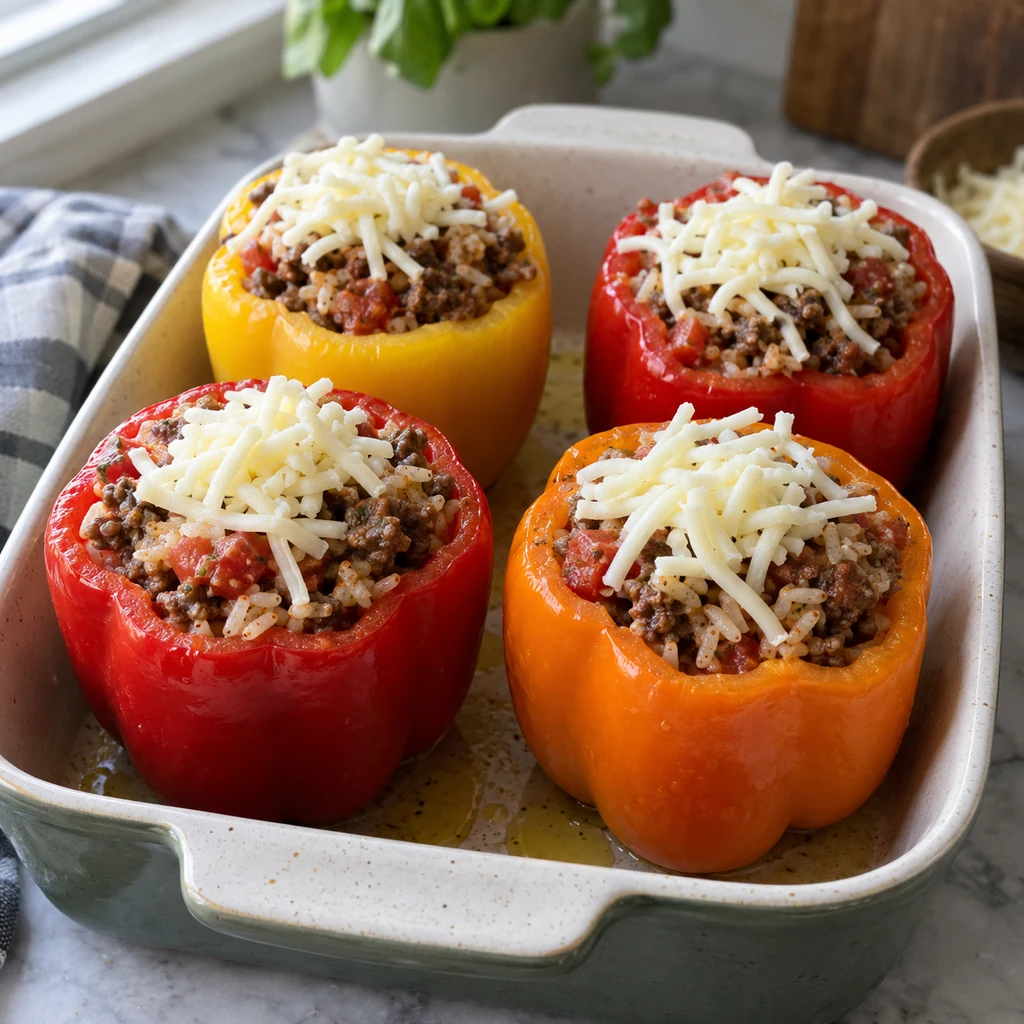 Raw bell pepper shells filled with beef and rice and topped with shredded mozzarella before baking