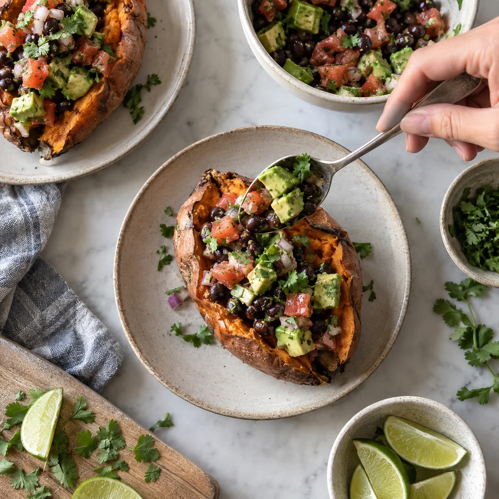 Avocado and black bean mixture being spooned into roasted sweet potato halves