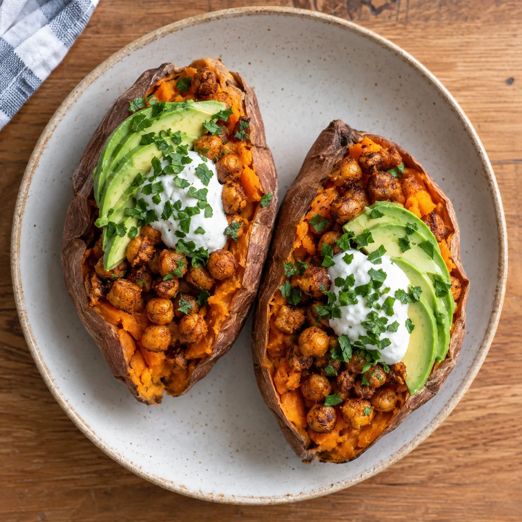 Two split sweet potatoes filled with spiced chickpeas, avocado slices, yogurt, and parsley