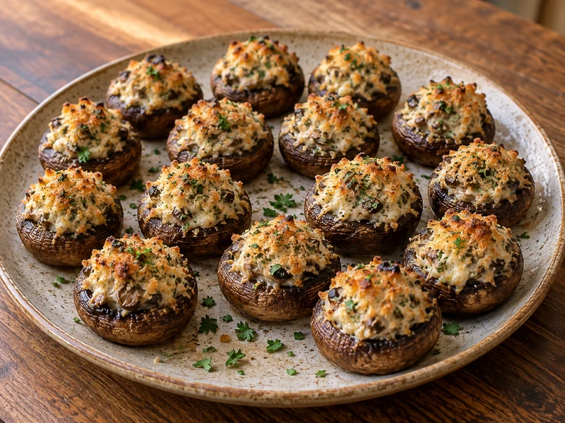 Cheese-and-herb stuffed mushrooms baked until golden on a serving platter.