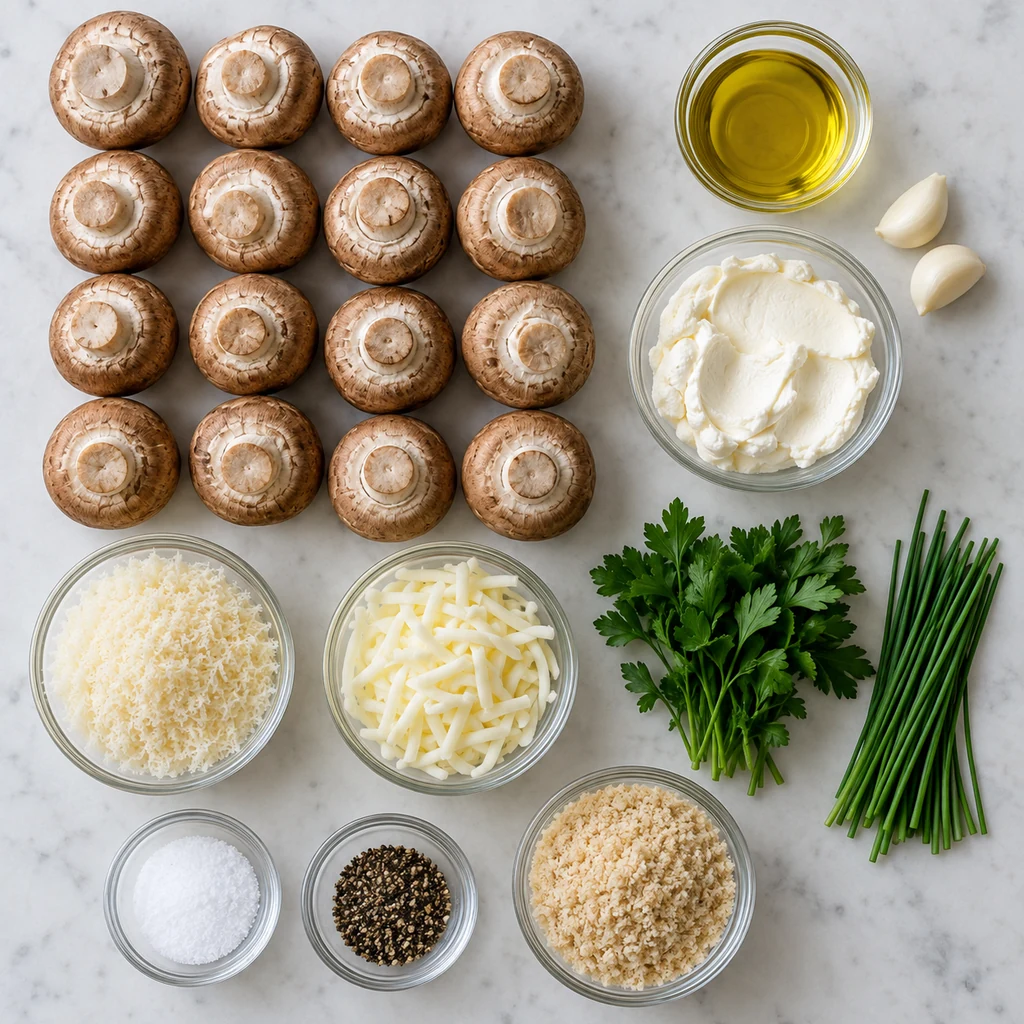 Mushrooms, olive oil, garlic, cream cheese, Parmesan, mozzarella, parsley, chives, salt, pepper, and breadcrumbs