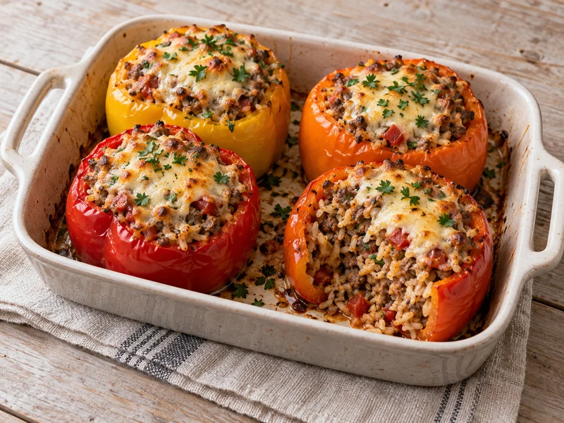 Four baked beef and rice stuffed bell peppers with melted mozzarella in a ceramic dish