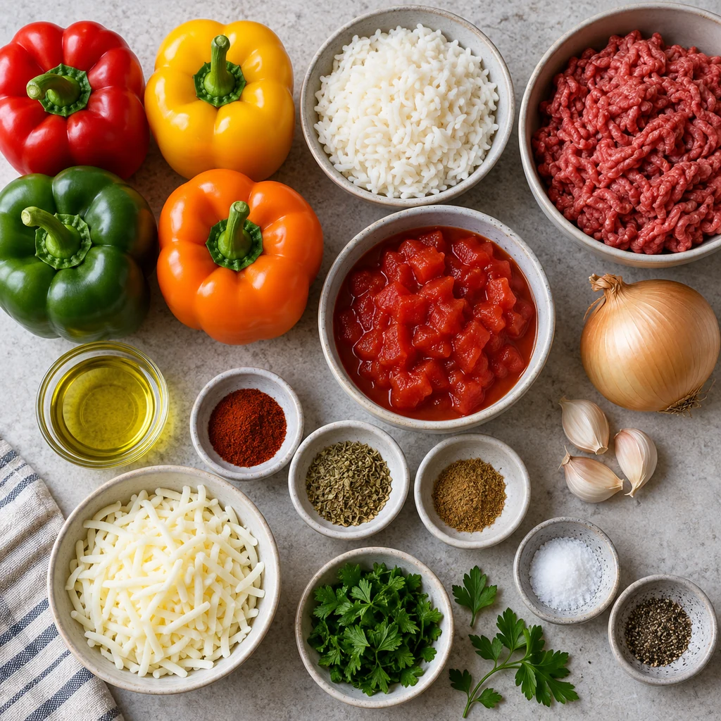 Bell peppers, cooked rice, ground beef, tomatoes, onion, garlic, spices, mozzarella, and parsley for stuffed peppers
