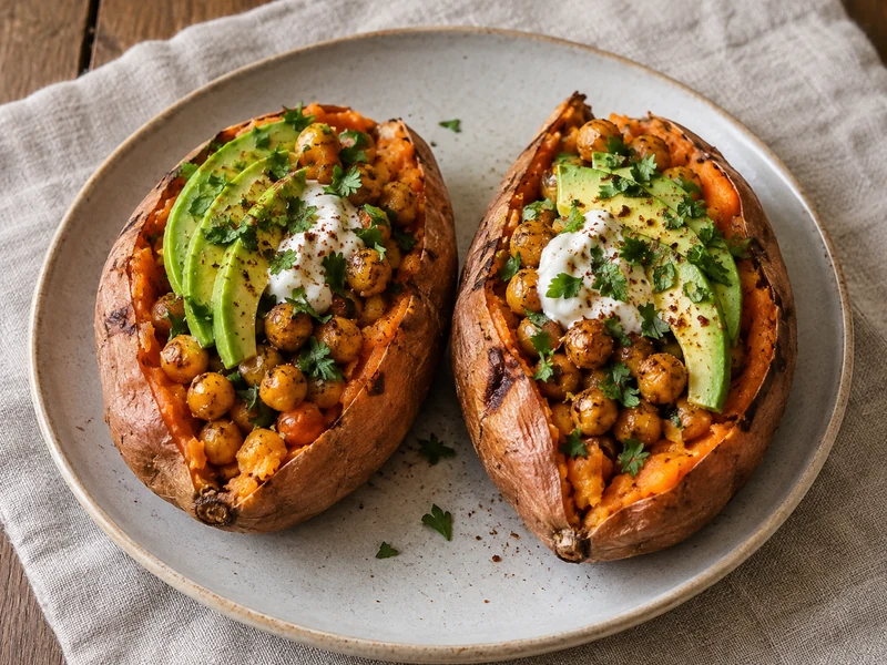 Two stuffed sweet potatoes with smoky chickpeas, avocado, yogurt, and parsley.