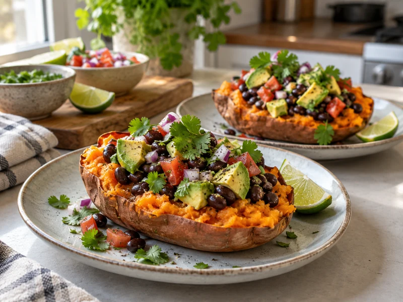 Roasted sweet potatoes stuffed with avocado, black beans, tomato, red onion, and cilantro