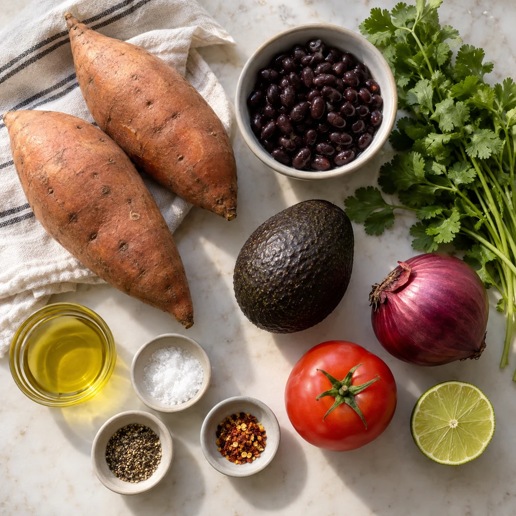 Two sweet potatoes, avocado, black beans, red onion, tomato, lime, olive oil, and seasonings
