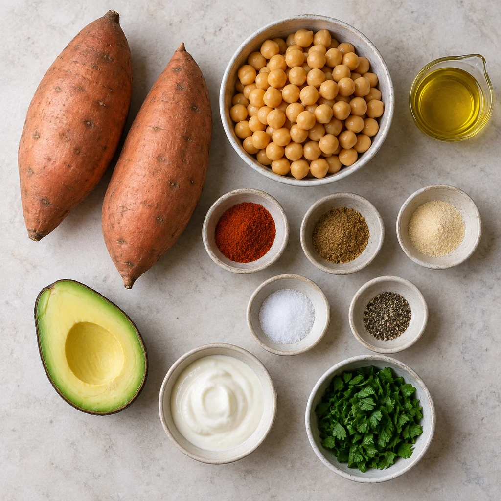 Sweet potatoes, chickpeas, olive oil, spices, avocado, plant-based yogurt, and parsley arranged before cooking