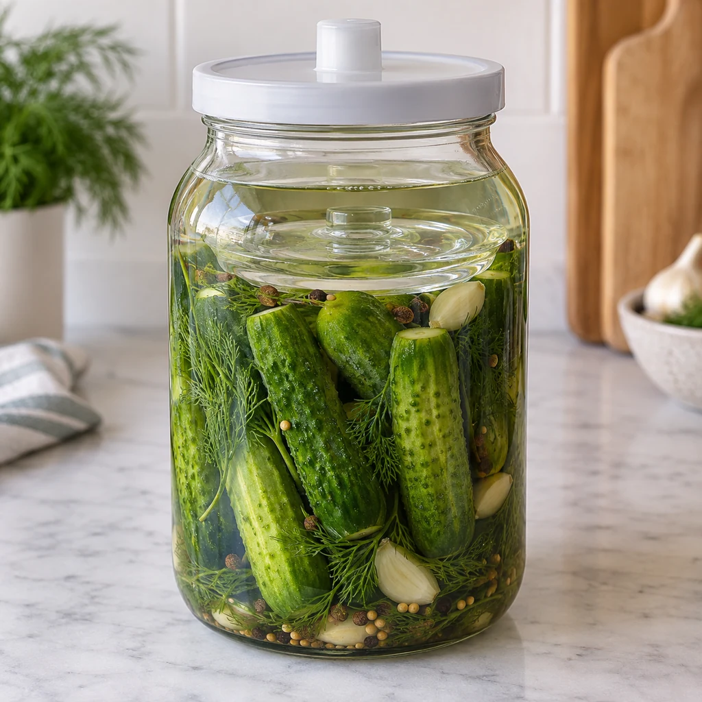 Cucumbers completely submerged under brine with a glass fermentation weight