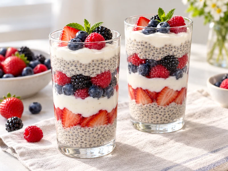 Summer berry chia parfaits layered with Greek yogurt and mixed fresh berries