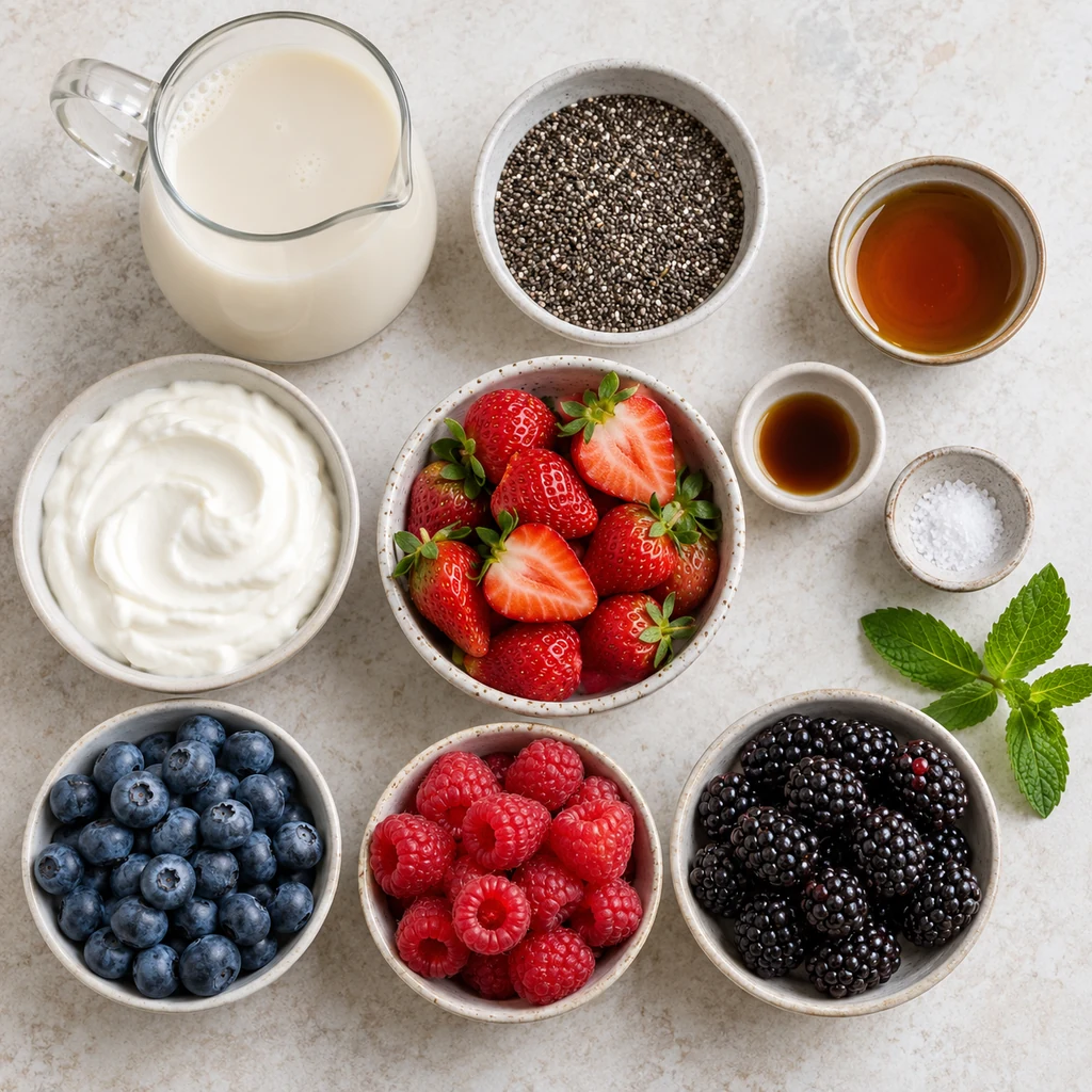 Chia seeds, almond milk, maple syrup, vanilla, salt, Greek yogurt, mixed summer berries and mint