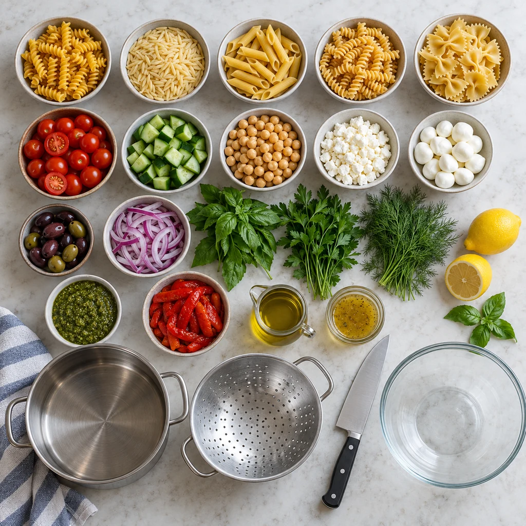 Pasta salad ingredients and basic equipment arranged on a counter.