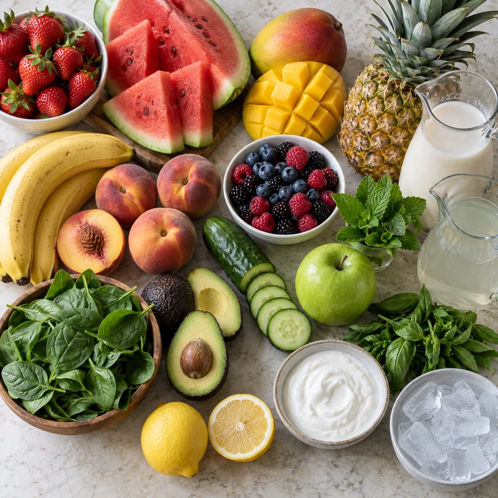 Fresh fruit, greens, herbs, yogurt, ice, and liquids for summer smoothies
