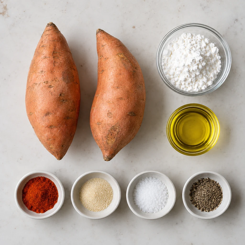 Sweet potatoes, cornstarch, olive oil, paprika, garlic powder, salt, and black pepper arranged for baked fries