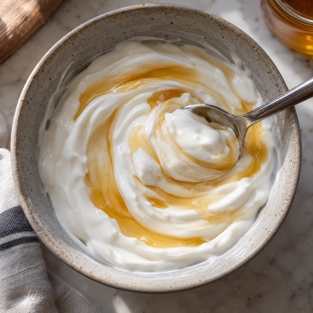 Honey being stirred into thick Greek yogurt in a bowl