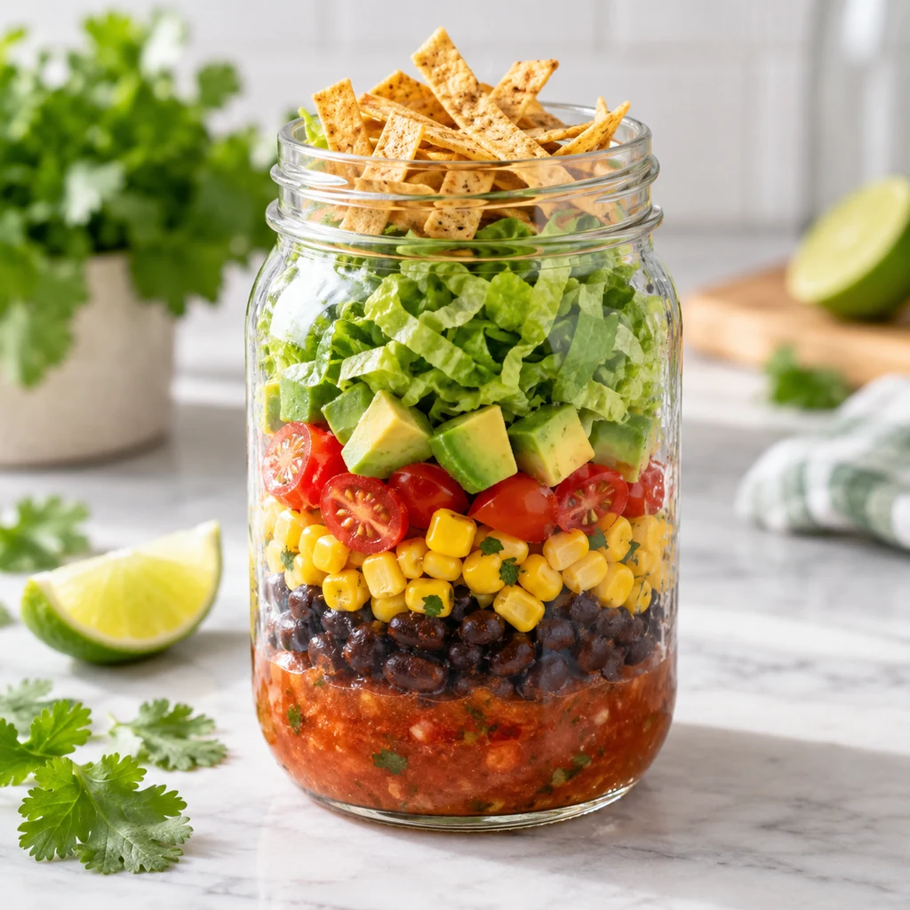Healthy taco mason jar salad with black beans corn avocado and romaine