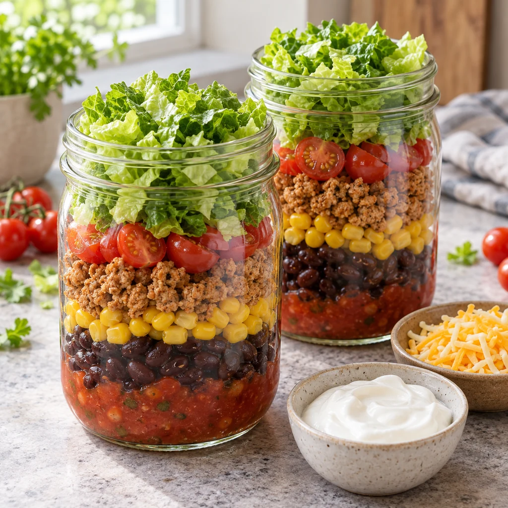 Gluten-free taco salad jars layered with salsa, black beans, corn, tomatoes, lettuce, and seasoned meat