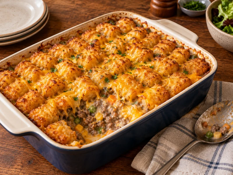 Golden baked tater tot casserole in a ceramic dish with creamy beef filling