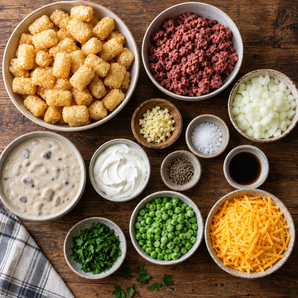 Ingredients for tater tot casserole arranged in bowls on a wooden counter