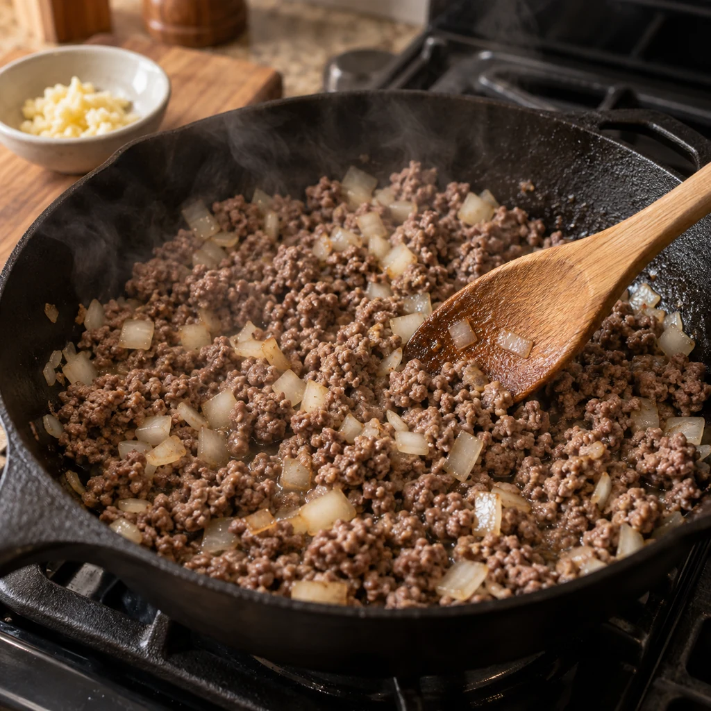 Ground beef and onion browning in a skillet for tater tot casserole