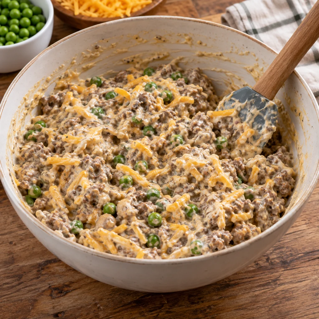 Creamy beef, cheese, and vegetable filling mixed in a bowl