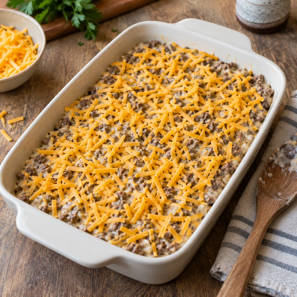 Creamy casserole filling spread in a baking dish with shredded cheddar