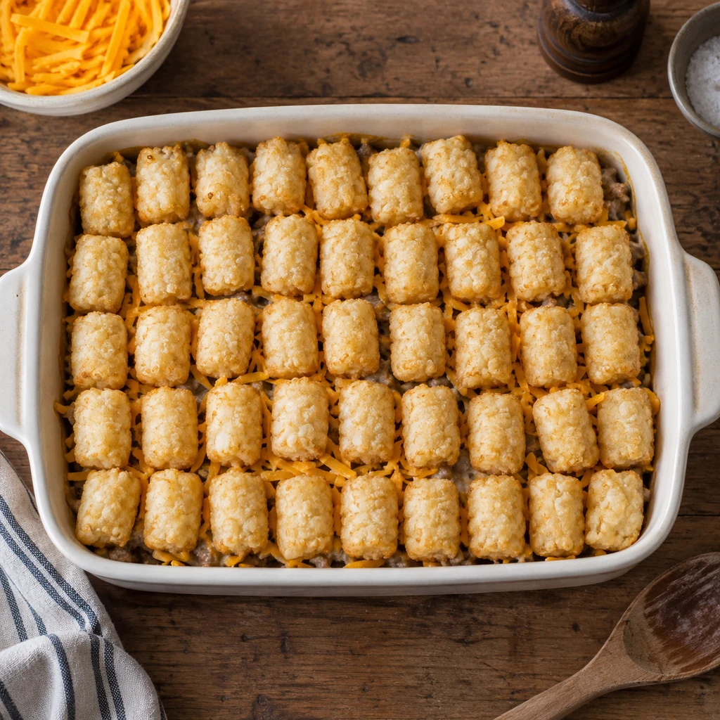 Frozen tater tots arranged in rows over the casserole filling before baking