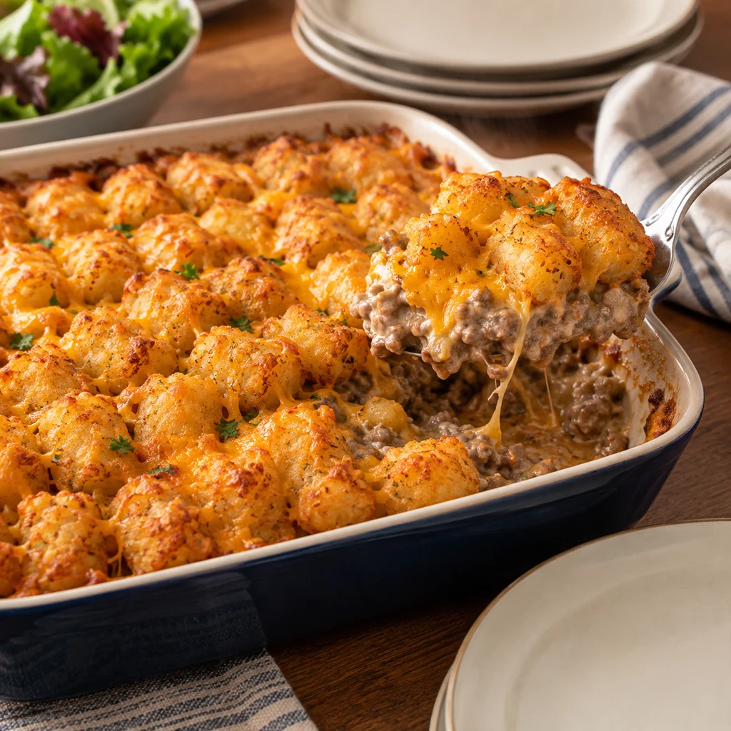 Finished tater tot casserole being served with crispy golden topping