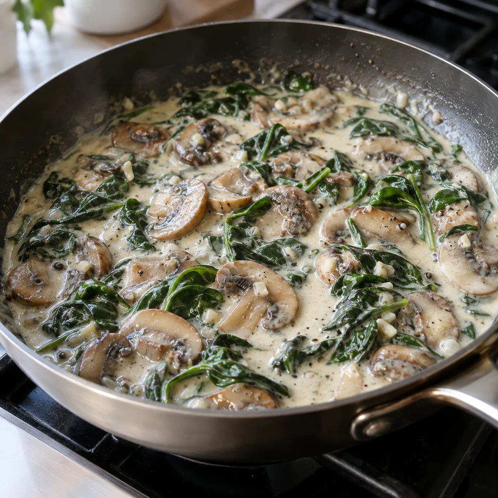 Cream gently simmering around browned mushrooms and wilted spinach