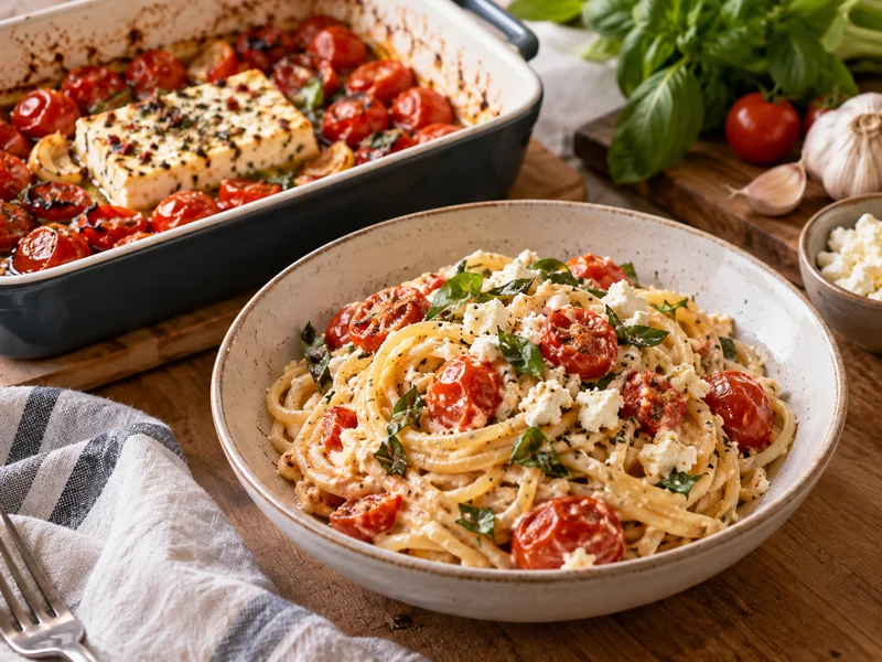 Creamy baked feta pasta with cherry tomatoes and basil