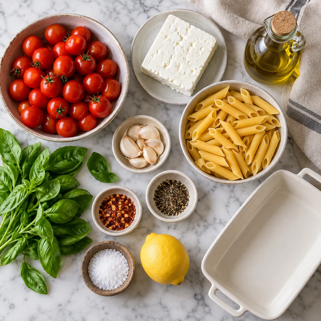 Ingredients for baked feta pasta arranged on a kitchen counter