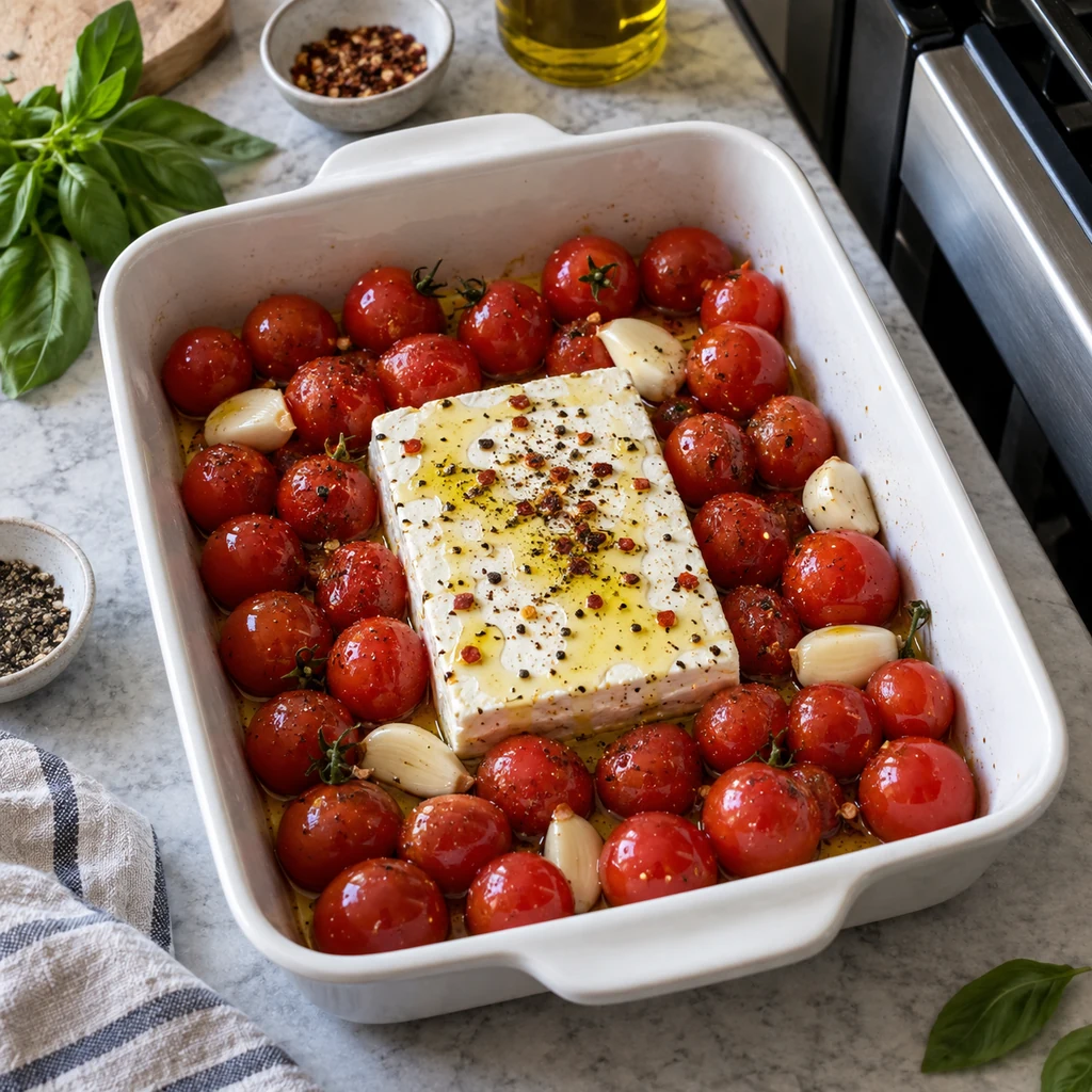 Feta cherry tomatoes garlic olive oil and seasonings arranged in a baking dish