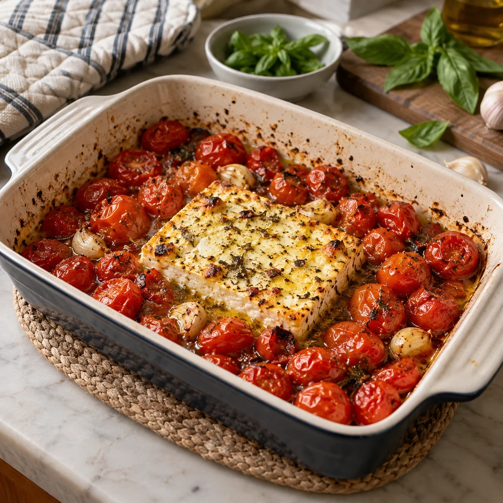 Roasted feta and burst cherry tomatoes in a baking dish