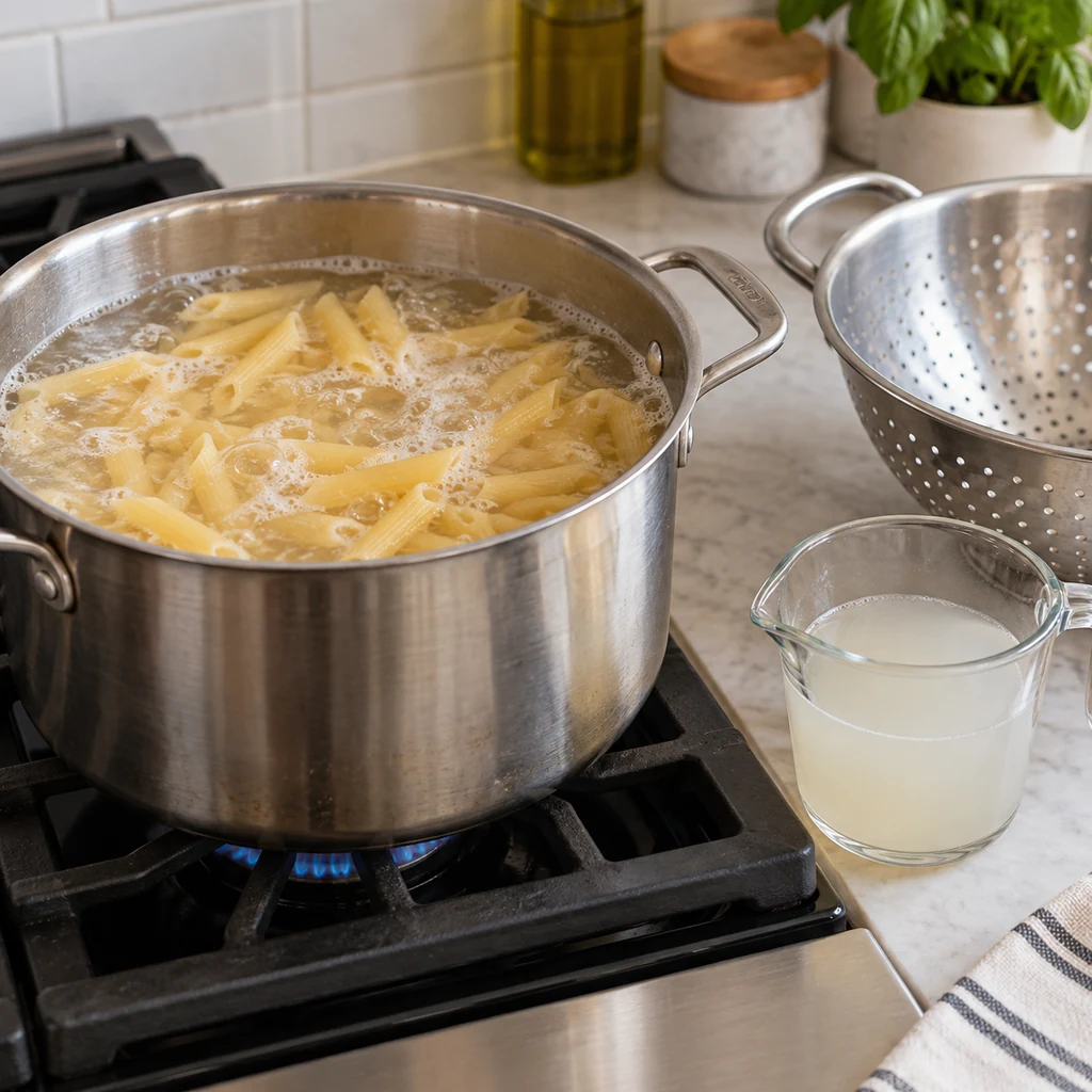 Penne pasta boiling with reserved pasta water beside the pot