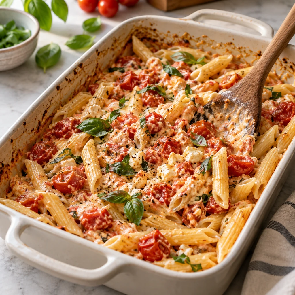 Pasta mixed into roasted feta tomato sauce in the baking dish