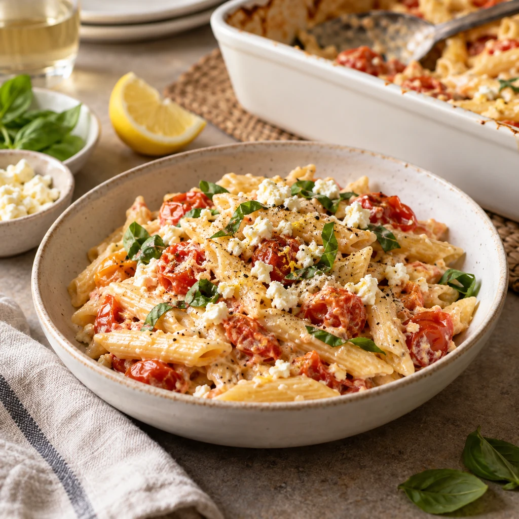 Creamy feta pasta served with basil and extra crumbled feta