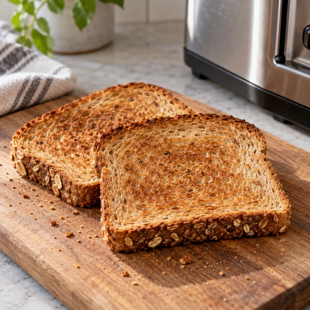 Two slices of whole-grain bread toasted golden and crisp beside a toaster