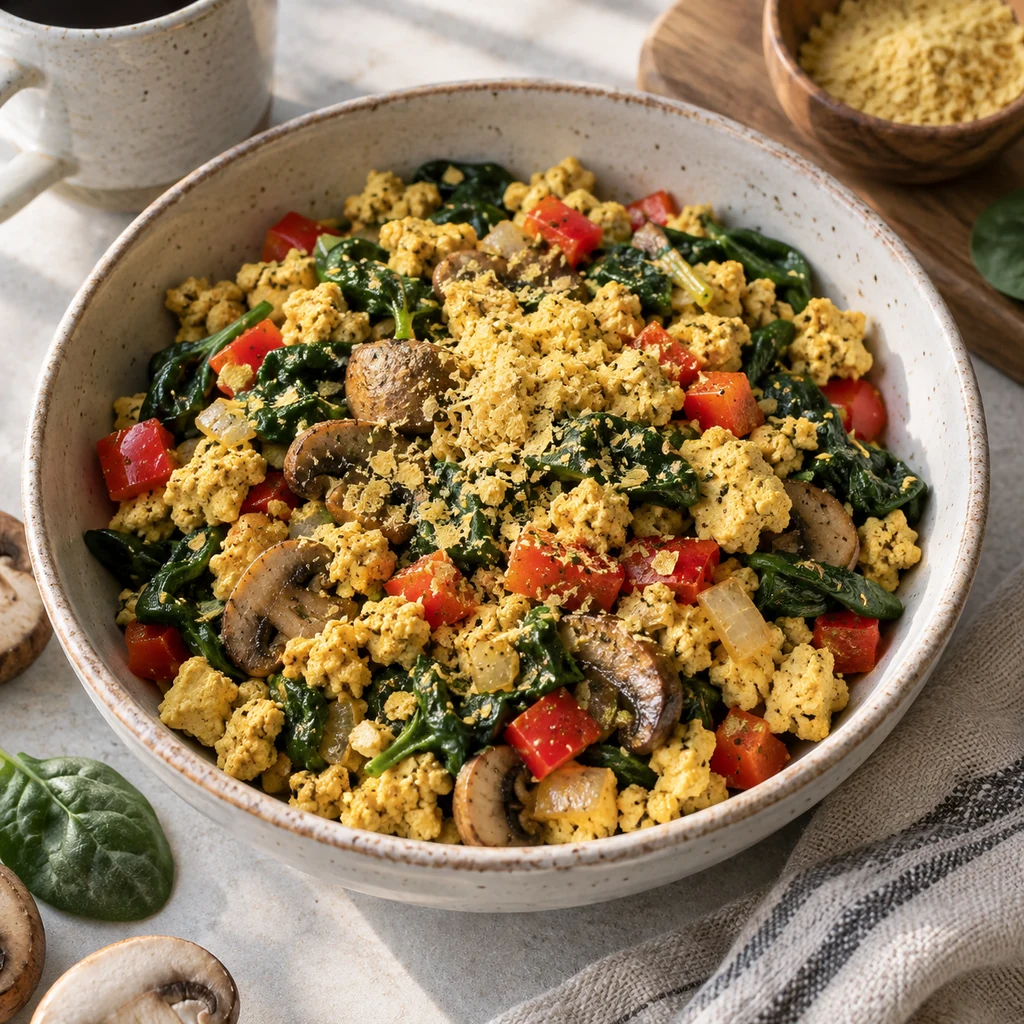 Tofu breakfast scramble with spinach, mushrooms, and red pepper.