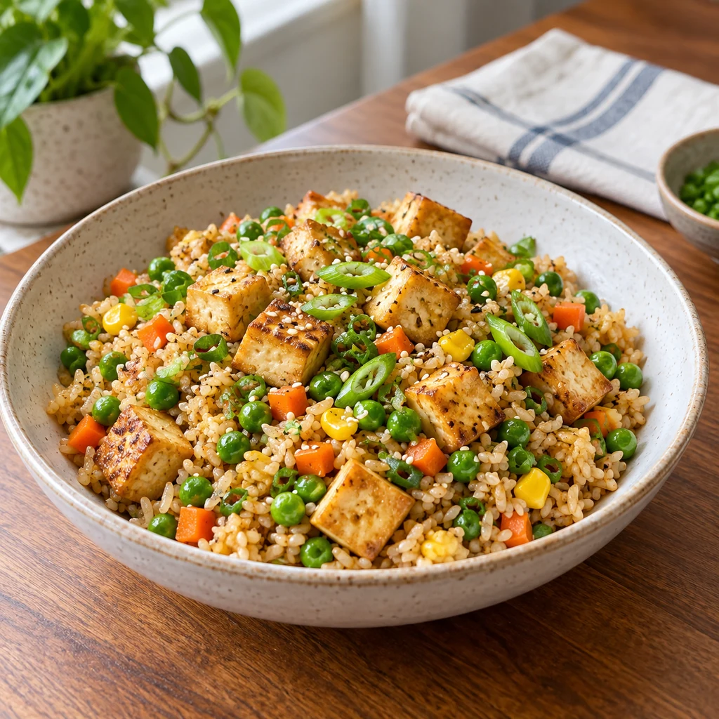 Vegan tofu fried rice with peas, carrots, corn, scallions, and sesame seeds