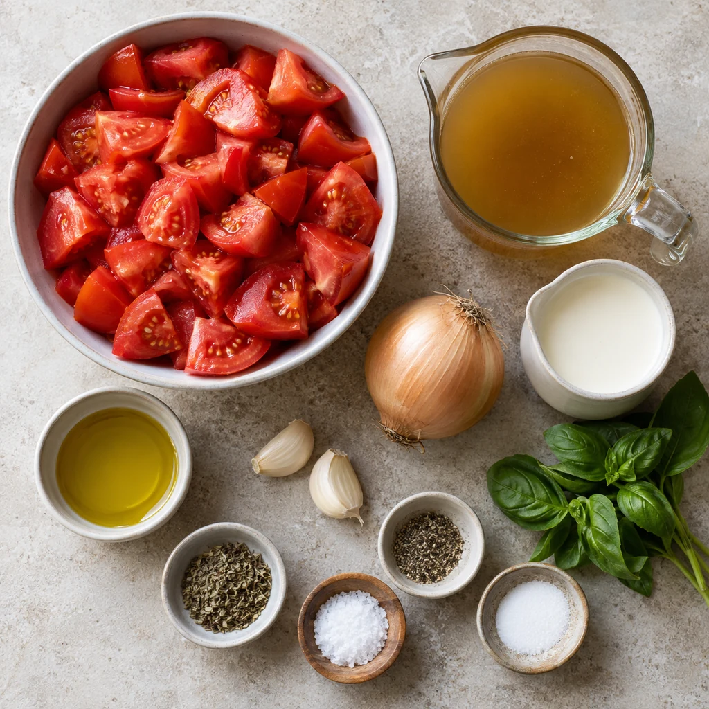 Chopped tomatoes, vegetable broth, onion, garlic, olive oil, cream, dried and fresh basil, salt, pepper, and optional sugar